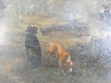 un tableau représentant un chien et une vache dans un champ
