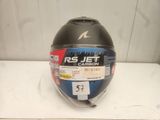 the helmet is black and blue with a red stripe on it