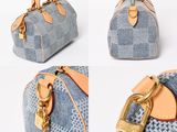 four different images of a blue and white handbag with a gold handle