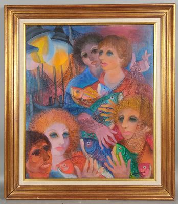 une peinture représentant un groupe de personnes dans une pièce