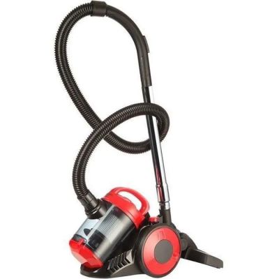 a close up of a red and black vacuum cleaner on a white background