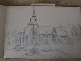 a drawing of a church with a horse drawn on it
