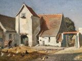 tableau représentant une cour de ferme avec des poules au premier plan
