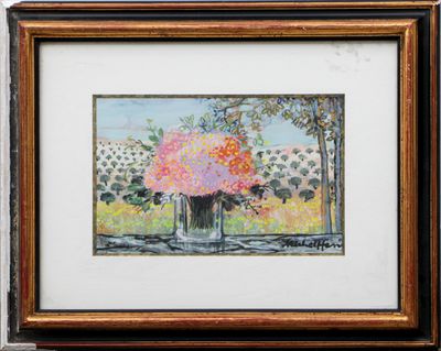 a painting of flowers in a vase on a window sill
