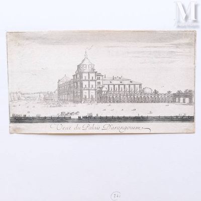 an old drawing of a large building with a clock on top of it