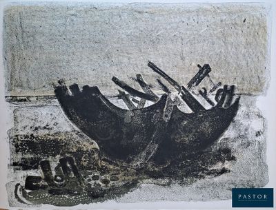 un dessin en noir et blanc représentant deux bateaux sur la plage