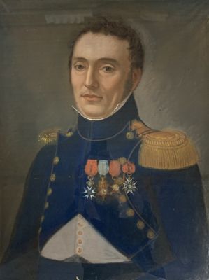 portrait of a man in a military uniform with medals and a hat