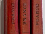 three red books sitting on a shelf next to each other