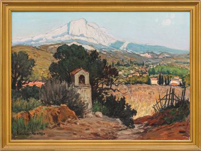 an image of a painting of a mountain in the distance