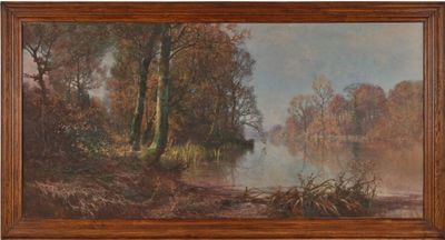 a painting of a river with trees and water in the foreground