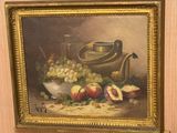 a painting of a still life with fruit and a teapot