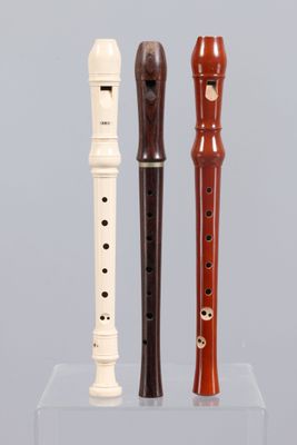 three different types of musical instruments on display on a clear surface