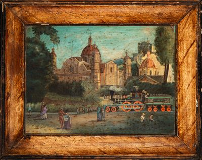 an old painting of a train traveling past a church on a hill