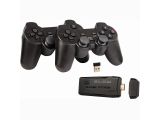 two black game controllers sitting next to each other on a white surface
