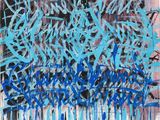 an abstract painting of blue and black paint on a brick wall