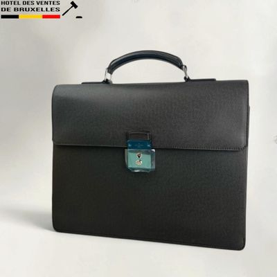 black leather briefcase with a blue lock on the handle