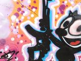 peinture représentant un chat de dessin animé tenant un pistolet, accrochée au mur