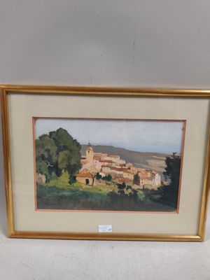 an image of a painting of a village in a gold frame