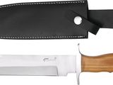 a close up of a knife with a leather sheath on a white background
