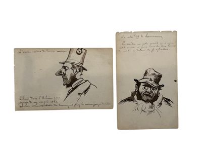 two drawings of a man with a top hat and a beard
