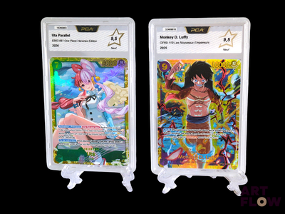 two cards that are on display on a black background