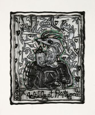 an image of a black and white drawing of a man on a motorcycle