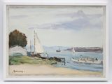 a painting of a sailboat on the water by the shore