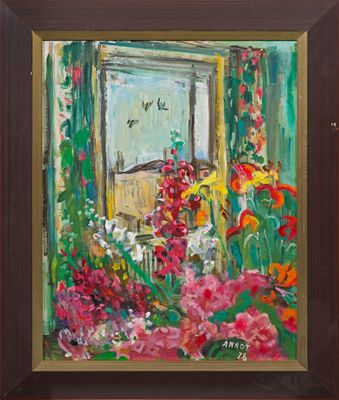 une peinture à l'huile représentant une fenêtre avec des fleurs au premier plan