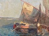 a painting of a boat in the water near a shore