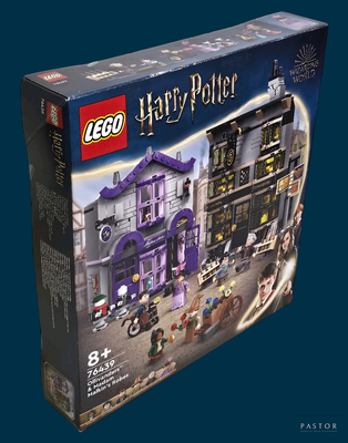 une boîte de Lego représentant la maison d'Harry Potter sur fond bleu