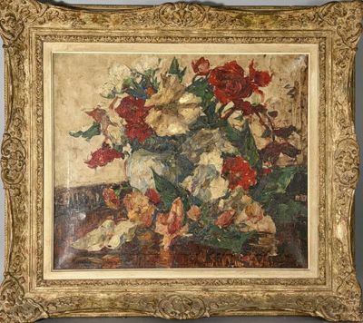 painting of red and white flowers in a vase on a table