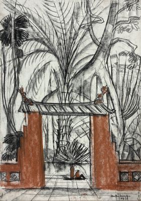 une image représentant un dessin d'un jardin avec des plantes et un portail