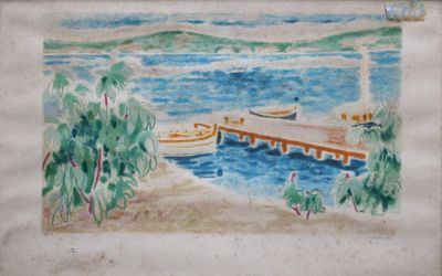 une photo d'un tableau représentant un bateau amarré à un quai