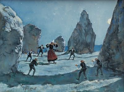 painting of a group of people skating on ice in a mountainous area