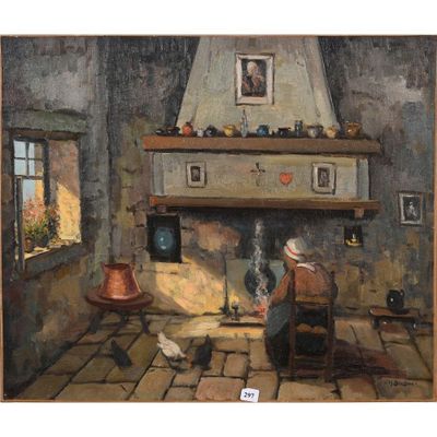 BOUDOU. « Le repos près de la cheminée ».