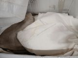 a white bag with a blanket inside of it