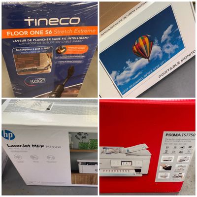 quatre vues différentes d'un carton d'imprimante et d'un carton d'imprimante