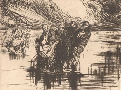 dessin représentant un homme marchant dans l'eau, un panier sur le dos