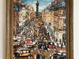 une peinture représentant une rue animée de la ville, avec des voitures et des passants
