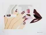 une image représentant un tableau montrant les mains d'une femme, avec du rouge à lèvres et du vernis à ongles