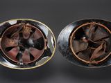 two metal objects that are sitting on a black surface