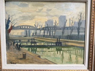une image d'une peinture d'une ville au bord de l'eau