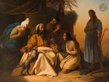 painting of a group of people sitting around a man with a dog