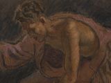 an image of a painting of a man kneeling down with his hands in his pockets