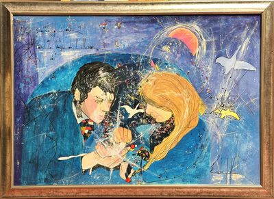 a painting of a man and a woman holding a baby