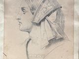 an old drawing of a woman wearing a head scarf