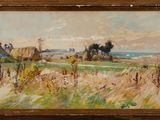 une peinture à l'huile d'un champ avec une maison au loin