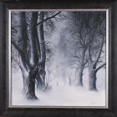 an image of a black and white painting of trees in the snow