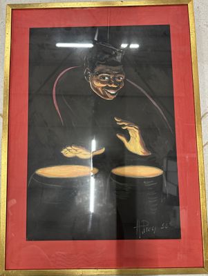 painting of a man in a top hat and top hat holding a drum