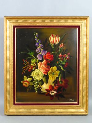 peinture d'un vase de fleurs sur une table dans un cadre doré